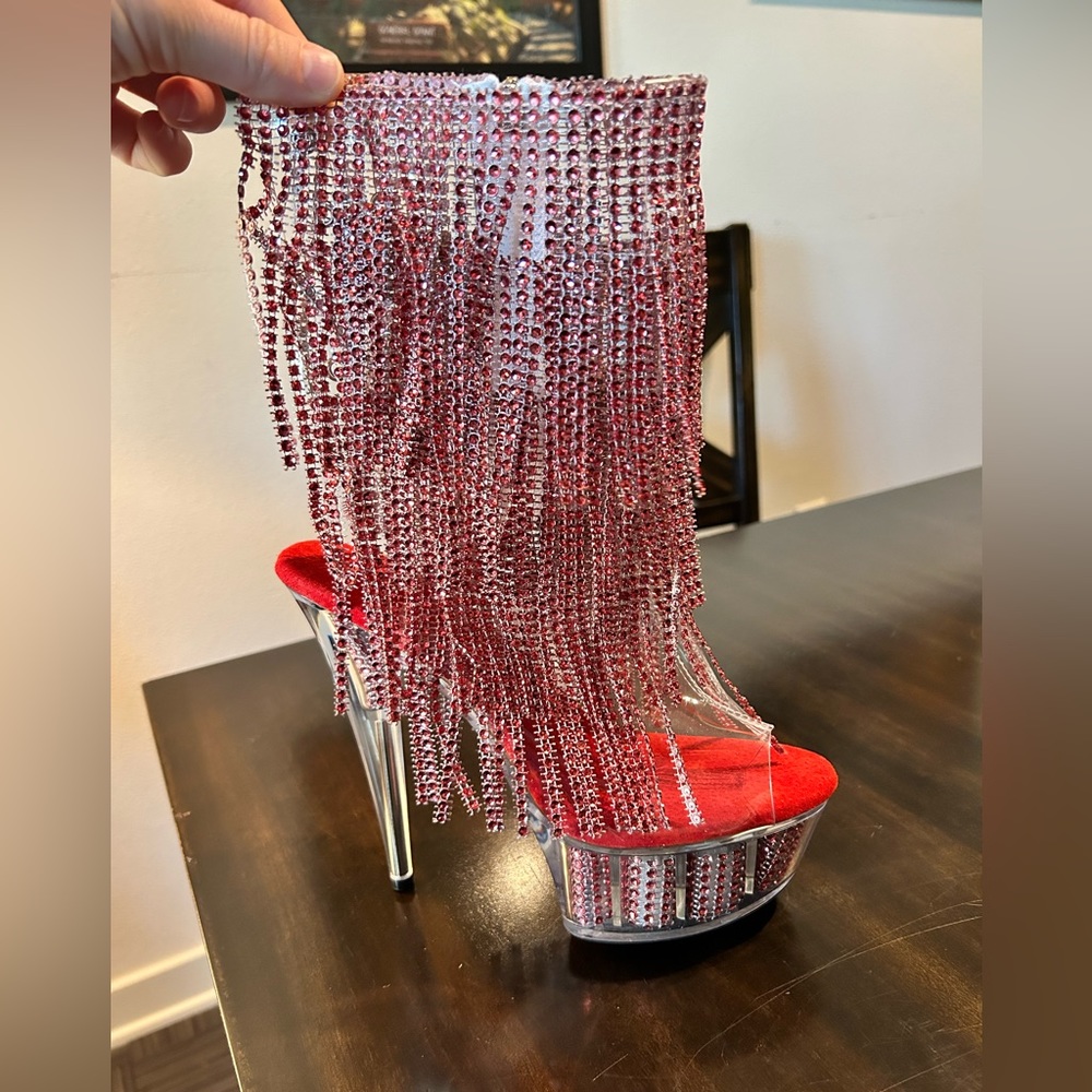 Red bling/ side zipper + back lace up/ pole dancing heels
